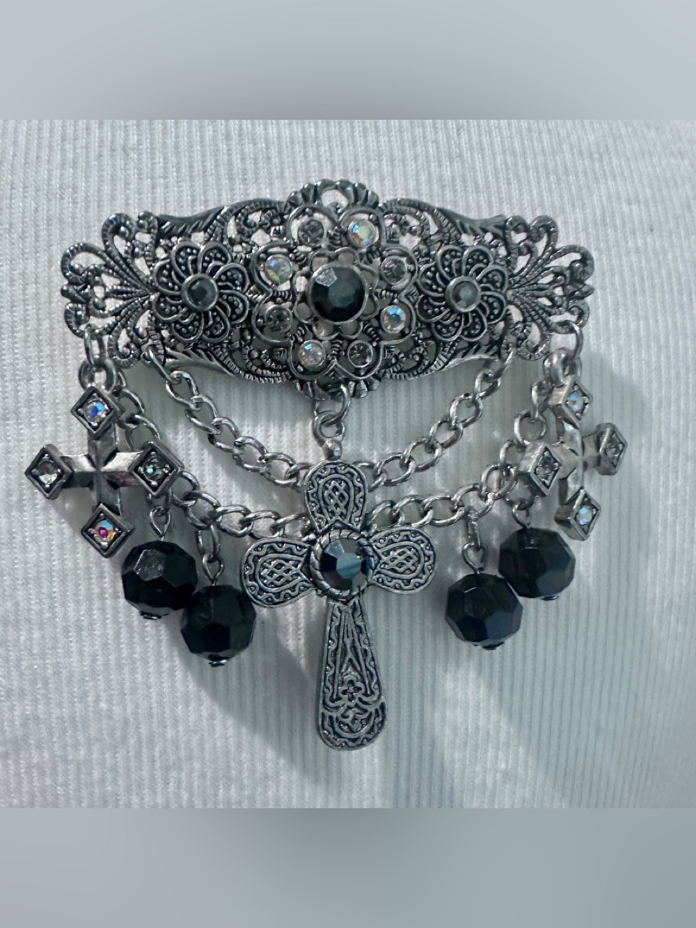 Gothic Cross Brooch Silver Tone Black Crystal Dangle Statement Pin Boho